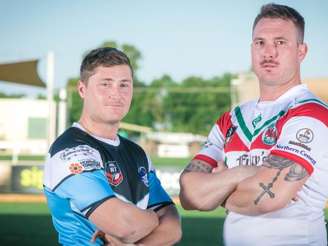 Northern Sharks captain Jacob Collie with Nightcliff's Brent Crisp ahead of Round 1 of the 2021 NRL NT season. Collie credits a stronger culture for his team’s impressive win over Litchfield in Round 2. Picture: Glenn Campbell