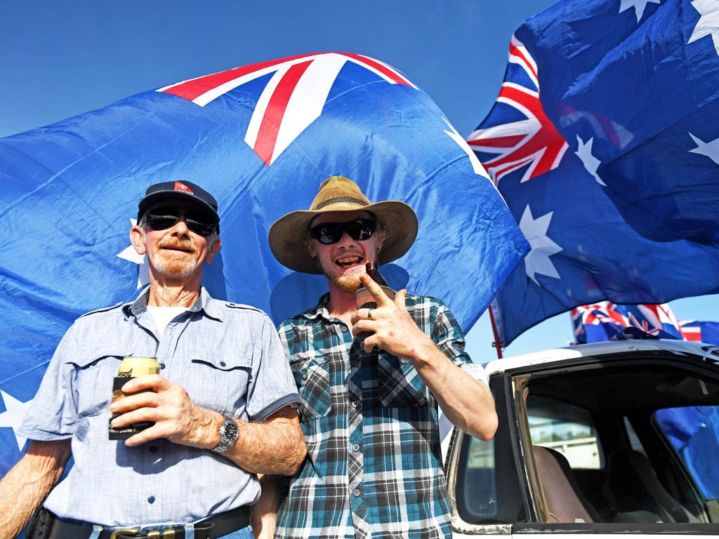 Grandfather and grandson Alex Syme and Josh Sturt at Hidden Valley for the annual Variety NT Australia Day Ute run. Picture: Che Chorley