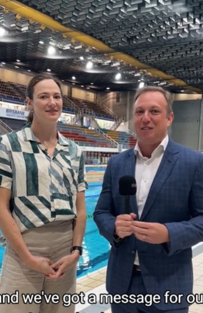 Premier Steven Miles interviewing Cate Campbell. Picture: Contributed