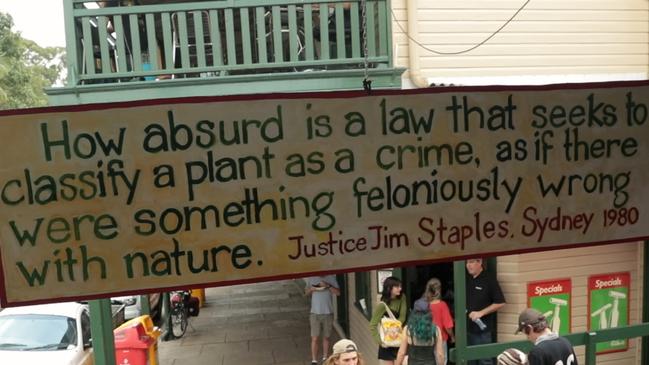 A sign in Nimbin, NSW, highlighting the problems with cannabis laws. Picture: Daniel Raffaele 