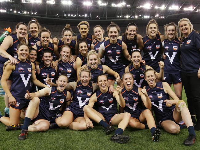 AFLW State of Origin. Victoria vs Allies at Etihad Stadium. Victorious Victorian AFLW team after winning by 97 points  . Pic: Michael Klein