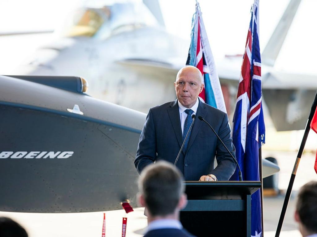 Defence Minister Peter Dutton addresses the audience at a Ghost Bat naming ceremony at the RAAF Base Amberley, Queensland. Picture: Department of Defence