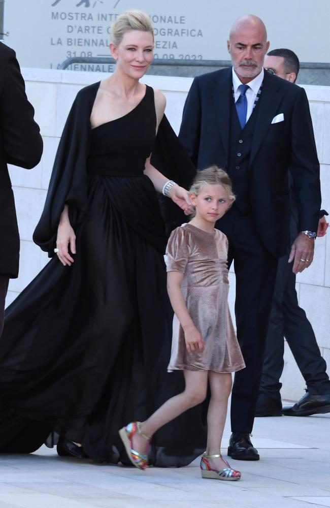 Cate Blanchett and her 7-year-old daughter Edith Vivian Patricia Upton attend the closing ceremony red carpet at the 79th Venice International Film Festival. Picture: Gigi Iorio