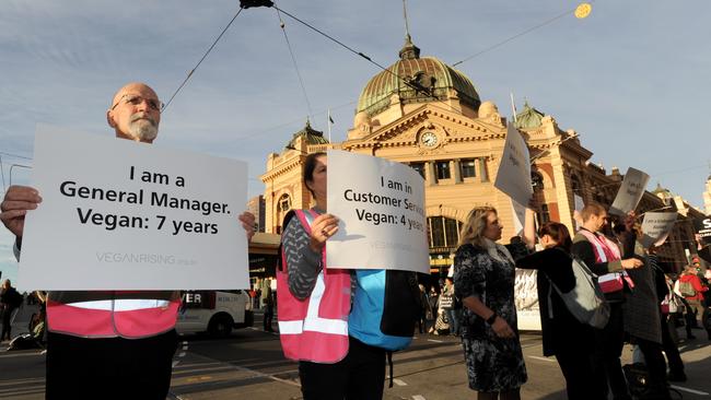 Vegan protesters block the intersection of Flinders and Swanston Street Melbourne in support of animal rights. Picture: Andrew Henshaw