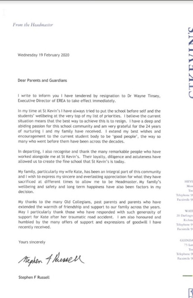 Letter of resignation from St Kevins head Stephen Russell