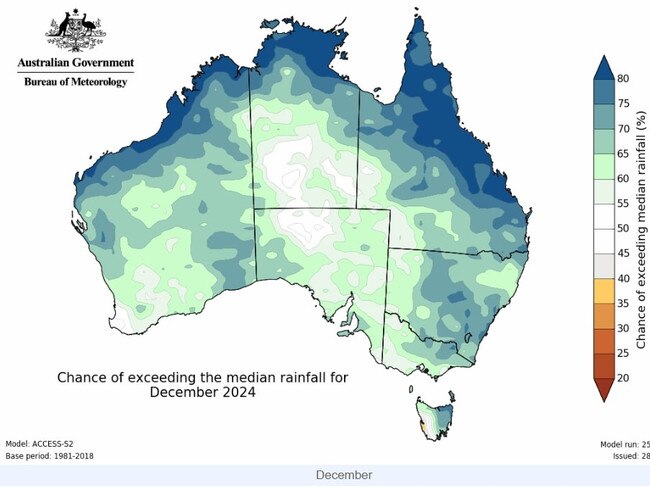 Chance of exceeding medium rainfall, December, 2024. Picture: Bureau of Meteorology