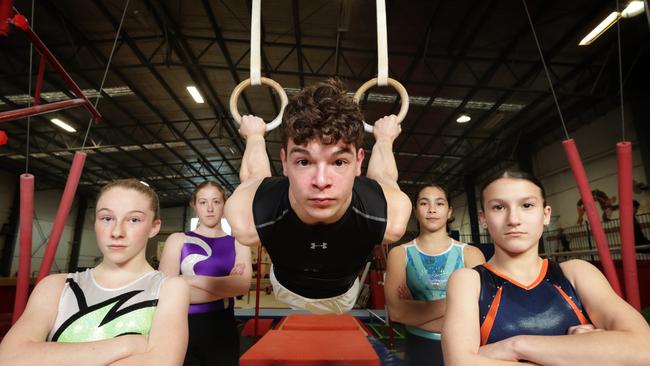 Athleta Gymnastics gymnasts, Chontelle Burgess 13, Amber Duffy 16, Ryan Voinescu 17, Indiana Pham 14 and Alyssa Rantino 12 have had their hopes to represent Australia broken. Picture: David Caird