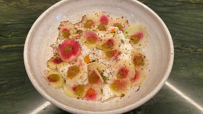 The Fraser Island spanner crab with watermelon radish, blue quandong, pandanus and lemon myrtle at Palette restaurant at HOTA, Gold Coast.