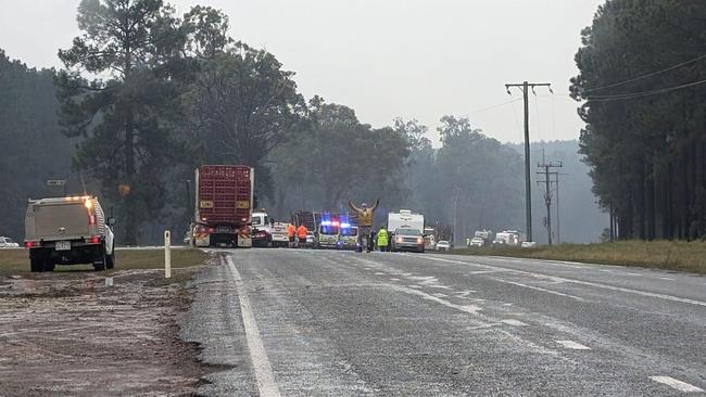 A photo from the scene at the Tin Can Bay Road where two people were seriously injured at the Laminex turn-off in 2024. Credit to Daniel Nitschke.