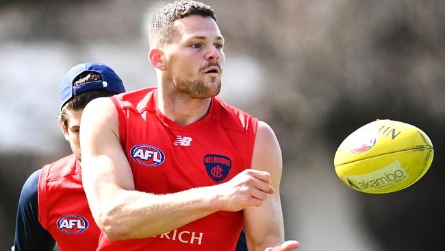 Steven May at Melbourne training this week. The Southern Districts product will play in his first AFL final on Saturday night. Picture: Quinn Rooney/Getty Images)