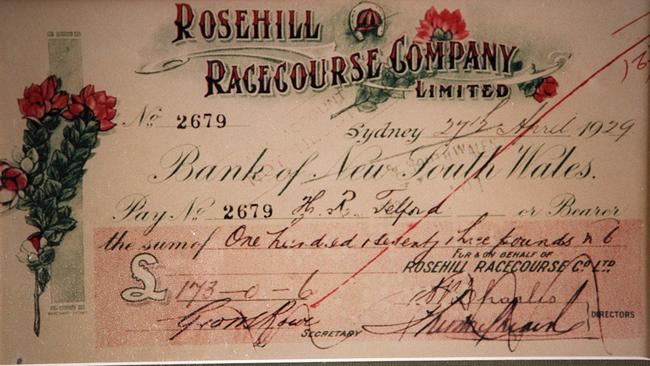 The first winning cheque won by Phar Lap on April 27, 1929.