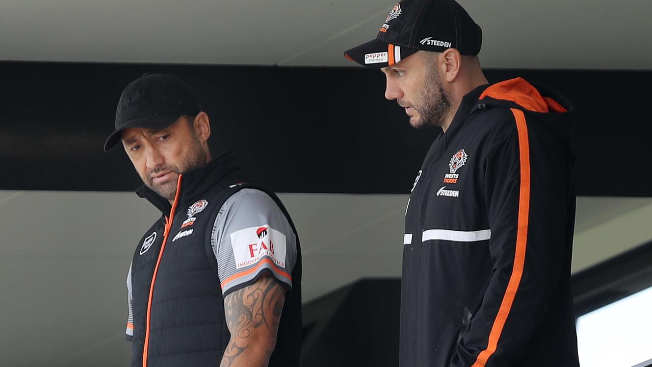 Benji Marshall (L) addressed the Wests Tigers’ board on Monday night. Picture: Richard Dobson