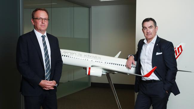 Virgin Australia CEO Paul Scurrah (R) and Deloitte senior administrator Vaughan Strawbridge. The end is now in sight to Virgin Australia’s administration. Picture: John Feder