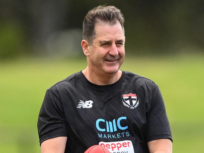 MELBOURNE, AUSTRALIA - NOVEMBER 21: Ross Lyon the coach of the Saints looks on during a St Kilda Saints AFL training session at RSEA Park on November 21, 2022 in Melbourne, Australia. (Photo by Quinn Rooney/Getty Images)