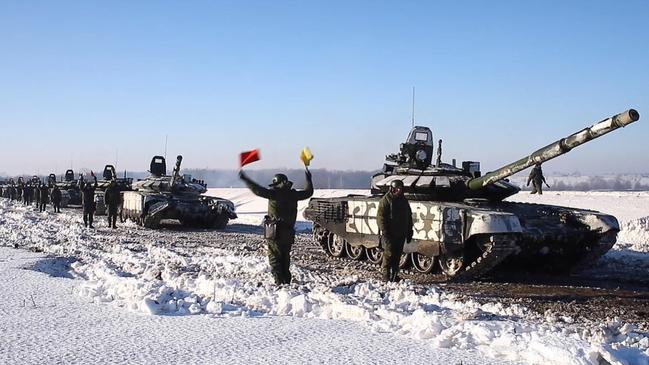 Russian tanks leaving for Russia after joint exercises with Belarus. Picture: AFP.