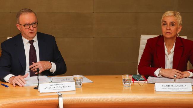 Prime Minister Anthony Albanese with Domestic Family and Sexual Violence Commissioner Micaela Cronin at a national cabinet meeting to discuss the national crisis of gender-based violence. Picture: NCA NewsWire / Gaye Gerard