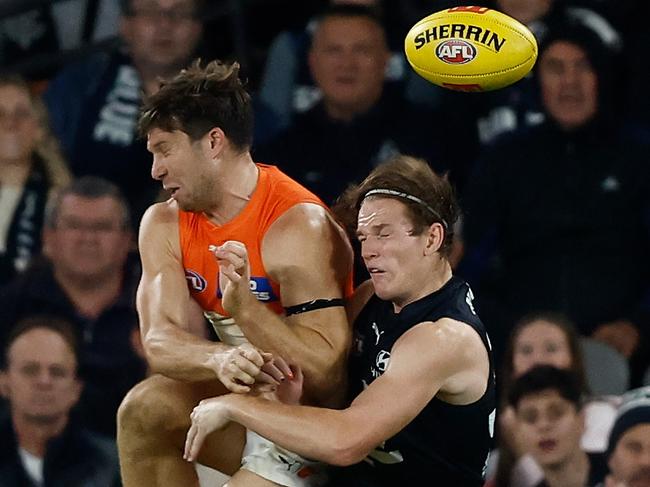 Greene was fractionally late to his contest with Boyd and ended up colliding with the Carlton player’s head. Picture: Michael Willson/AFL Photos via Getty Images