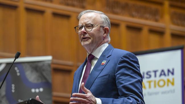 Australian Prime Minister Anthony Albanese delivers the Lowitja O'Donoghue address at Adelaide University, Bonython Hall. Picture: NCA NewsWire / Roy VanDerVegt