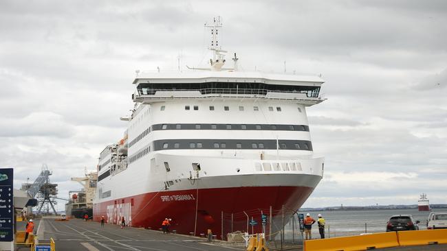 The Spirit of Tasmania 1 made its first trip to Geelong Port, travelling along the Bellarine coast near Drysdale before crossing the bay in front of the city and berthing at Corio Quay. Dozens of locals came out to have a look at the visitor. Picture: Alan Barber