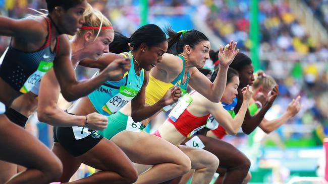 Australia's Michelle Jenneke at the start in Round 1 of Women's 100m Hurdles during Athletics on Day 11 at the Rio 2016 Olympic Games. Picture: Phil Hillyard