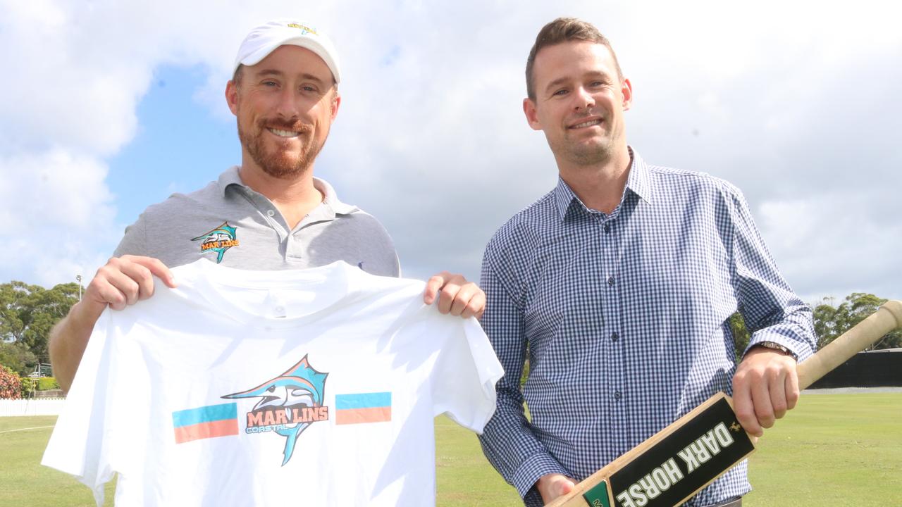 Coastal Marlins co-founder Nick Fitzpatrick with Tewantin-Noosa club president and player Jarrod Officer. Picture: Tom Threadingham