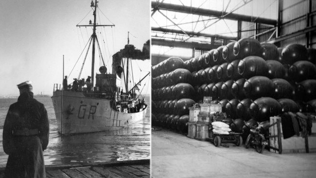 Minesweeper HMAS Goorangai, the first Australian naval loss of WWII sank in Bass Strait and, right, disused mines at the facility at Swan Island.