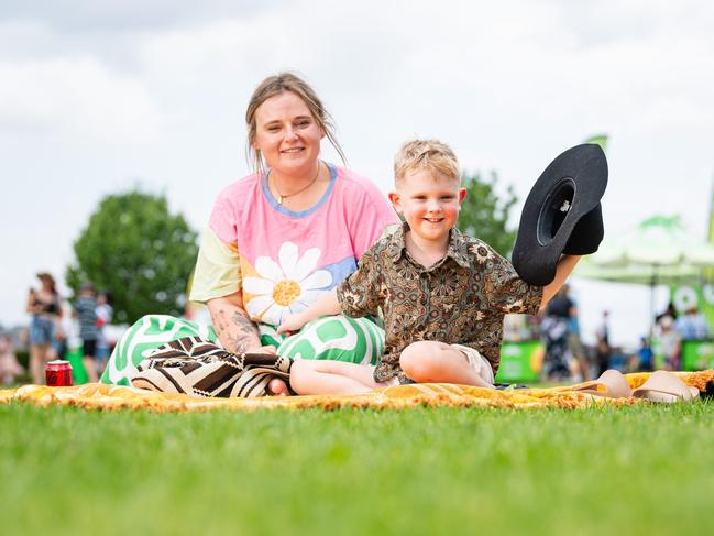 Kim Bedford with her son Noah who is a big fan of Lee Kernaghan at Wellcamp Airport 10th anniversary community day, Sunday, November 10, 2024. Picture: Kevin Farmer