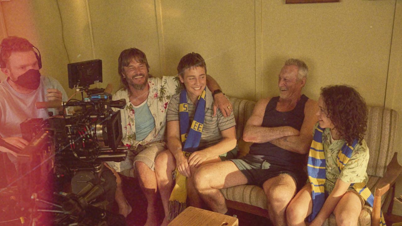 Travis Fimmel, Lee Tiger Halley, Bryan Brown and Felix Cameron during filming. Source: Netflix