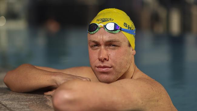 Sam Short in the rooftop pool at Emporium Hotel South Bank, Brisbane. He said missing out on making the Tokyo team “was a very rough time”. Picture: Pete Wallis