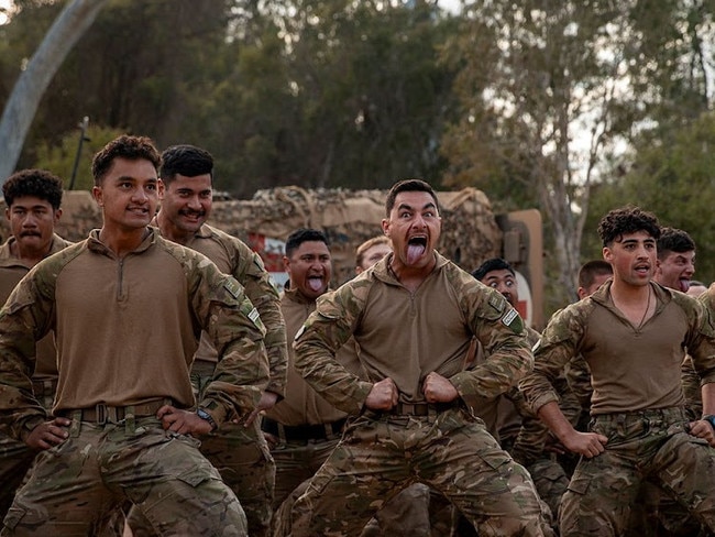 Members of the NZ Defence Force perform the Haka Tu before Exercise Talisman Sabre 2023.