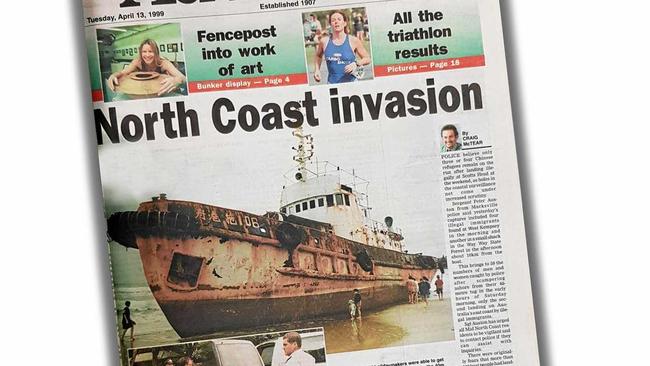 TWO DECADES AGO: The Zhou Gan Tou and the Chinese Nationals on board featured on the front page of The Coffs Coast Advocate on April 13, 1999. Picture: TREVOR VEALE