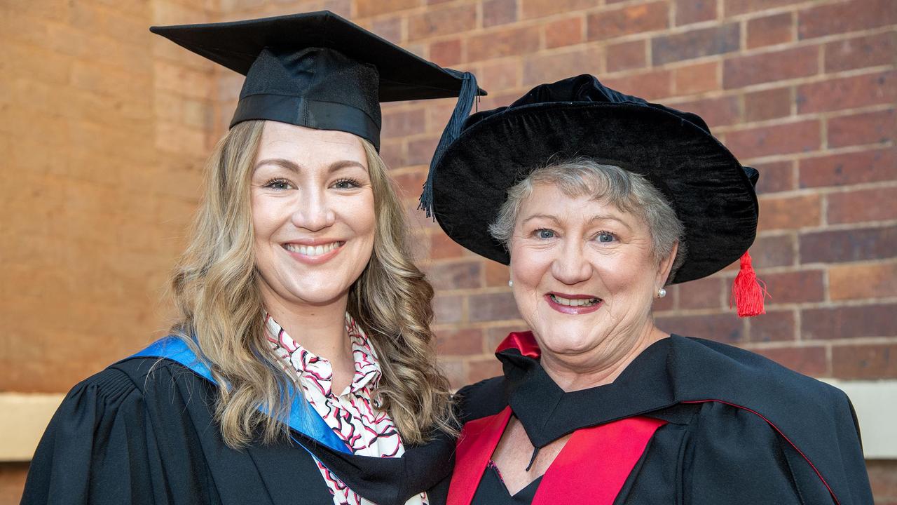 Elizabeth Black (left) graduated with a Bachelor of Nursing and her mother UniSQ academic staff member, Barbara Black, graduated with a PHD Doctorate. UniSQ graduation ceremony at Empire Theatre, Tuesday June 27, 2023.