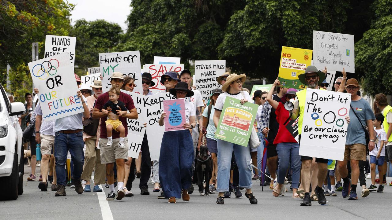 Dozens marched outside the Gabba stadium, protesting the demolition and redevelopment project Picture: NCA NewsWire/Tertius Pickard