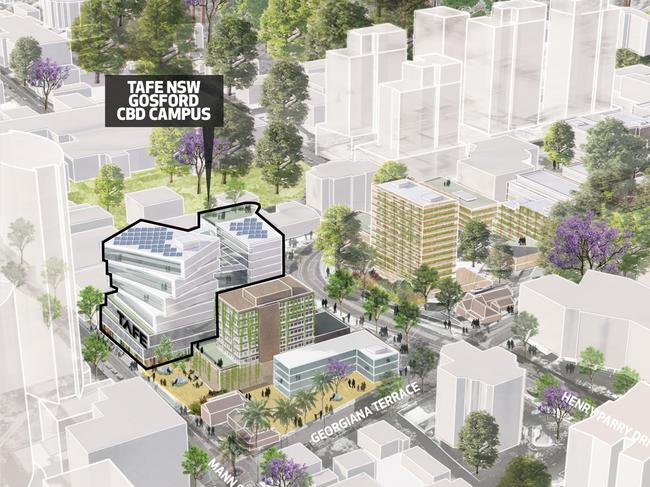 Impression of the plans to transform the old Gosford council site to a TAFE campus and housing.