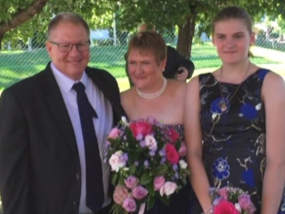 Gavin Dallow and Lisa Dallow – accompanied by Zoe Hosking – on their wedding day. Picture: Supplied by family