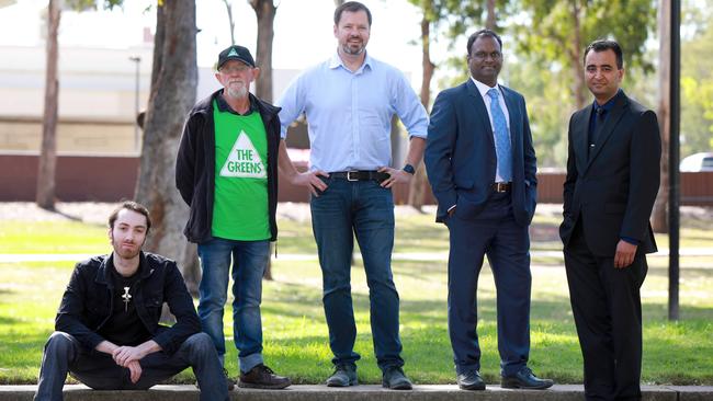 Chifley candidates Joseph O’Connor, Brent Robertson, incumbent Ed Husic, Livingston Chettipally, and Ammar Khan. Not pictured, Josh Green. Picture: Angelo Velardo