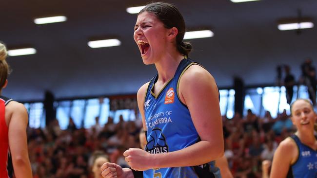 PERTH, AUSTRALIA - FEBRUARY 18: Jade Melbourne of the Capitals celebrates after making a play during the WNBL match between Perth Lynx and UC Capitals at Bendat Basketball Stadium, on February 18, 2024, in Perth, Australia. (Photo by James Worsfold/Getty Images)