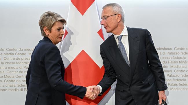 Swiss Finance Minister Karin Keller-Sutter with Credit Suisse chairman Axel Lehmann. Picture: AFP