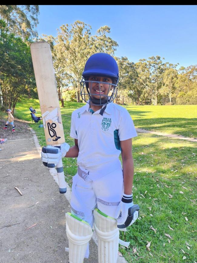 10-year-old Hills Barbarians player Kaya Kumar celebrates a big knock. Picture: Contributed