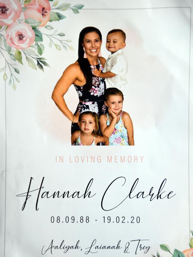The program for the funeral of Hannah Clarke and her three children Aaliyah, Laianah and Trey is seen in Brisbane, Monday, March 9, 2020. Hannah and her children were murdered by their estranged husband and father in a domestic violence incident on February 19. (AAP Image/Dan Peled) NO ARCHIVING