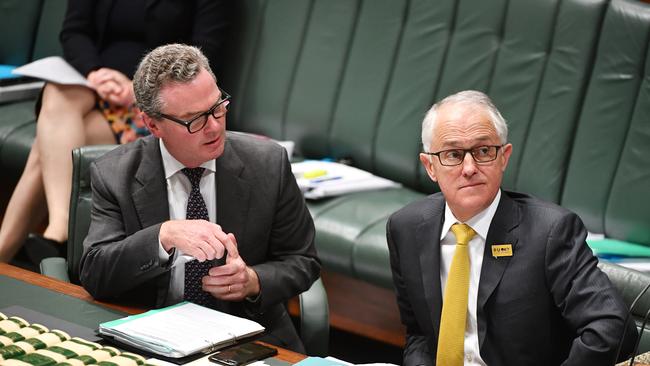 Minister for Defence Industry Christopher Pyne and Prime Minister Malcolm Turnbull during Question Time. Picture: AAP