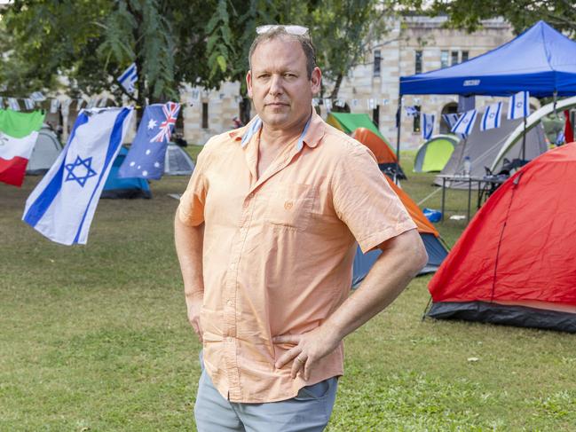 Yoni Nazarathy, an Associate Professor at The University of Queensland, at 'Camp Shalom' as Pro-Palestine supporters and Jewish students have established separate campsites. Picture: Richard Walker