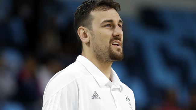 Australia's Andrew Bogut stands on the sidelines during warmups.