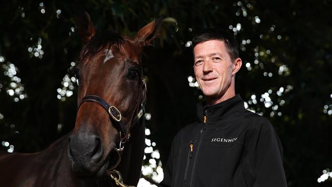 Trainer Peter Robl with Glenbawn Dame at the Randwick stables in 2016.