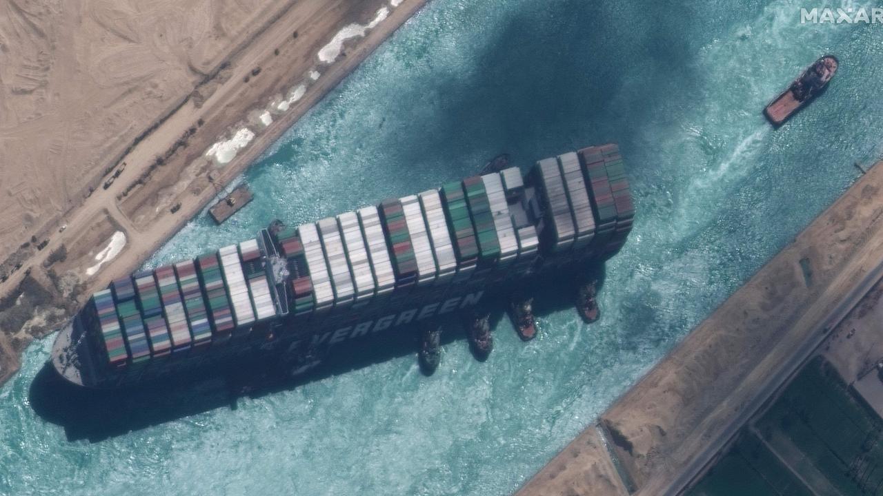 The Ever Given, a cargo megaship the length of four football fields, was dislodged from the banks of the Suez. Picture: Maxar Technologies/AFP