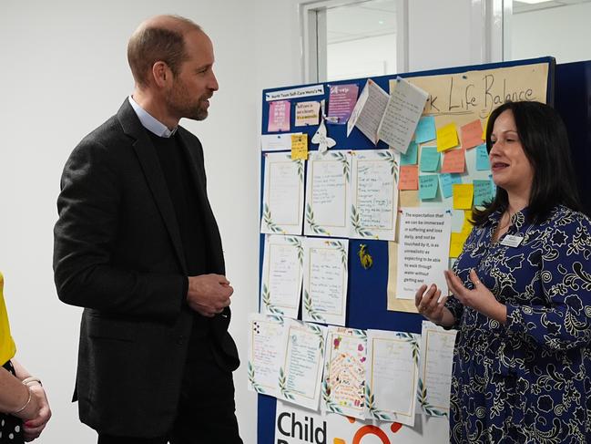 Prince William meets with the Child Bereavement UK team during a visit to the charity service to see its work in action. Picture: Getty Images