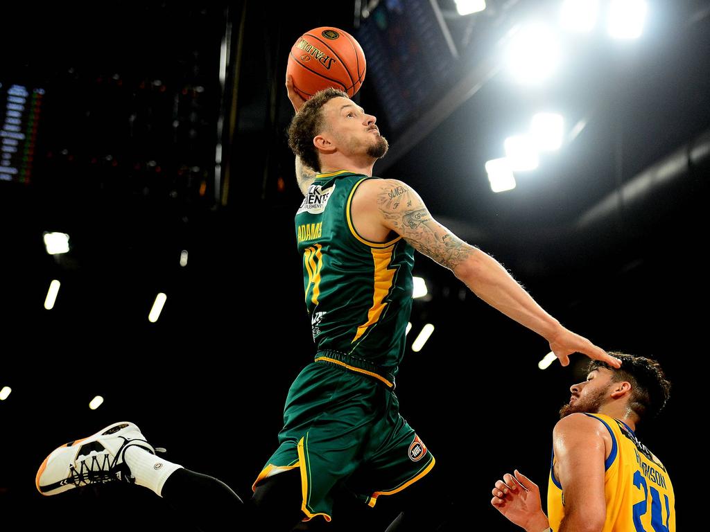 JackJumpers gun guard Josh Adams going up for an epic poster dunk on debut for Tasmania. The dunk attracted over 1.5 million views on the NBL’s social media channels.