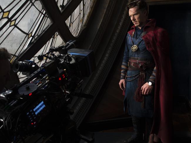 Cumberbatch and his cloak having a “superhero moment”. Picture: Jay Maidment/Marvel Studios/Disney