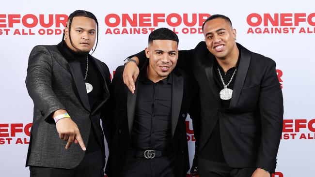 OneFour members Spencer “Spenny” Magalogo, Dahcell “Celly” Ramos and Jerome “J Emz” Misa attend the Netflix global premiere screening of "ONEFOUR: Against All Odds" in October 2023. Picture: Don Arnold/Getty Images for Netflix