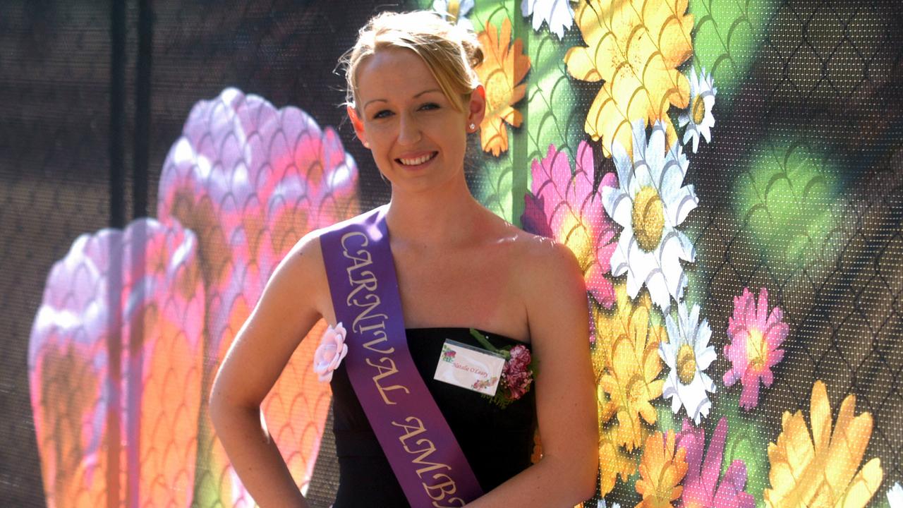 Newly crowned Carnival Ambassador Natalie O'Leary taking a break after the Toowoomba Carnival of Flowers Annual Street Parade. Picture: David Martinelli.